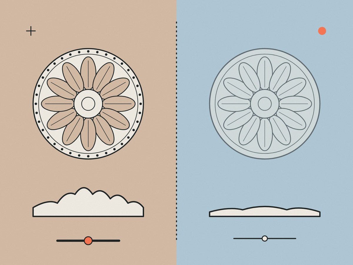 Flare illustration comparing a crisp plaster rose with a softer moulded one