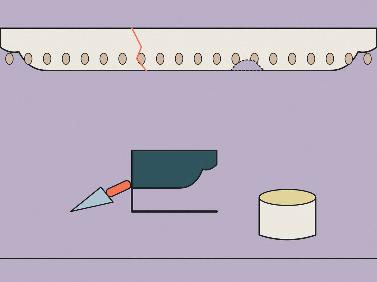 Flare illustration of a cracked cornice, running mould, filler tub and trowel