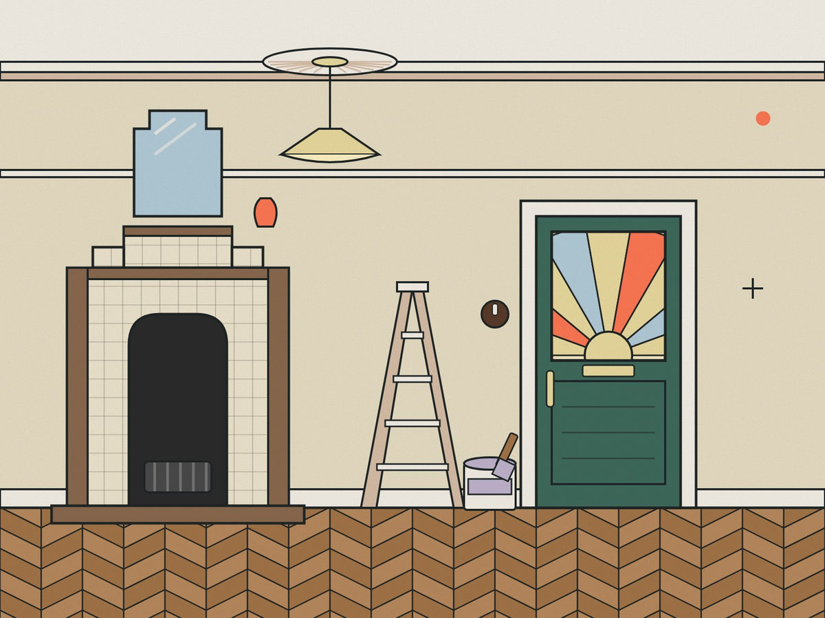 Flare illustration of a 1930s hallway mid-restoration, with a tiled fireplace, a sunburst-glazed front door, chevron parquet, a stepladder and a paint tin