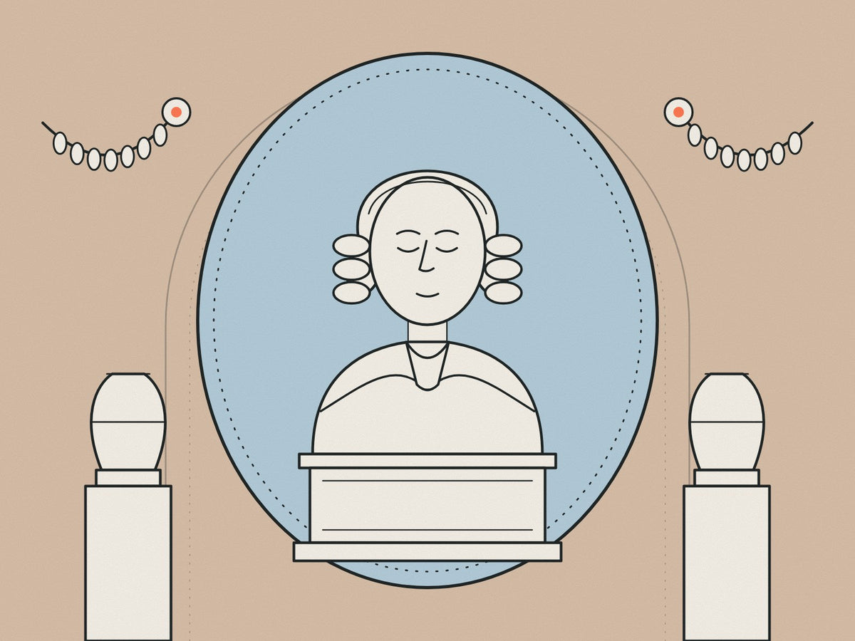 Flare illustration of a plaster bust of Robert Adam in an oval medallion with swags and urns