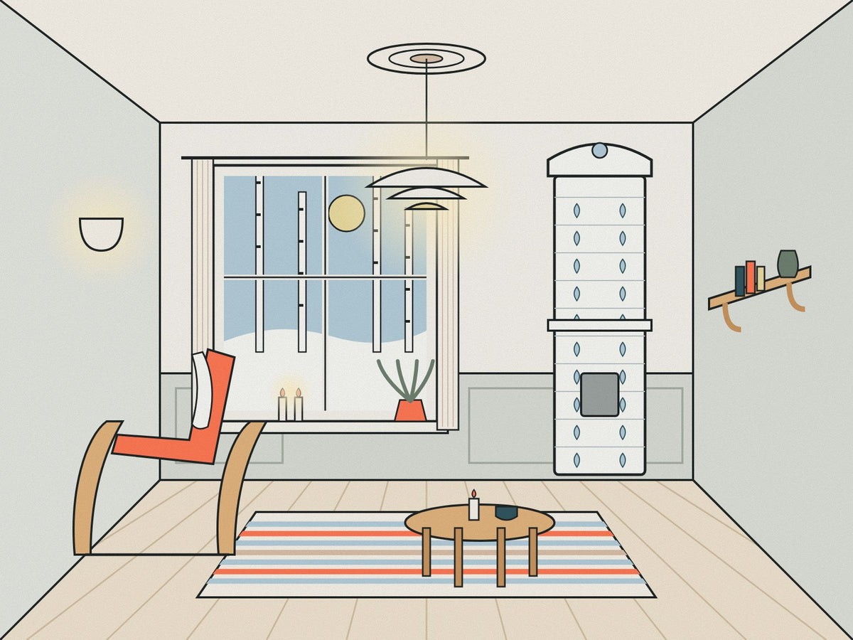 Flare illustration of a Scandinavian room with a tall tiled stove, pale panelling, a bentwood birch armchair, a layered pendant on a plain ring ceiling rose and a snowy birch view