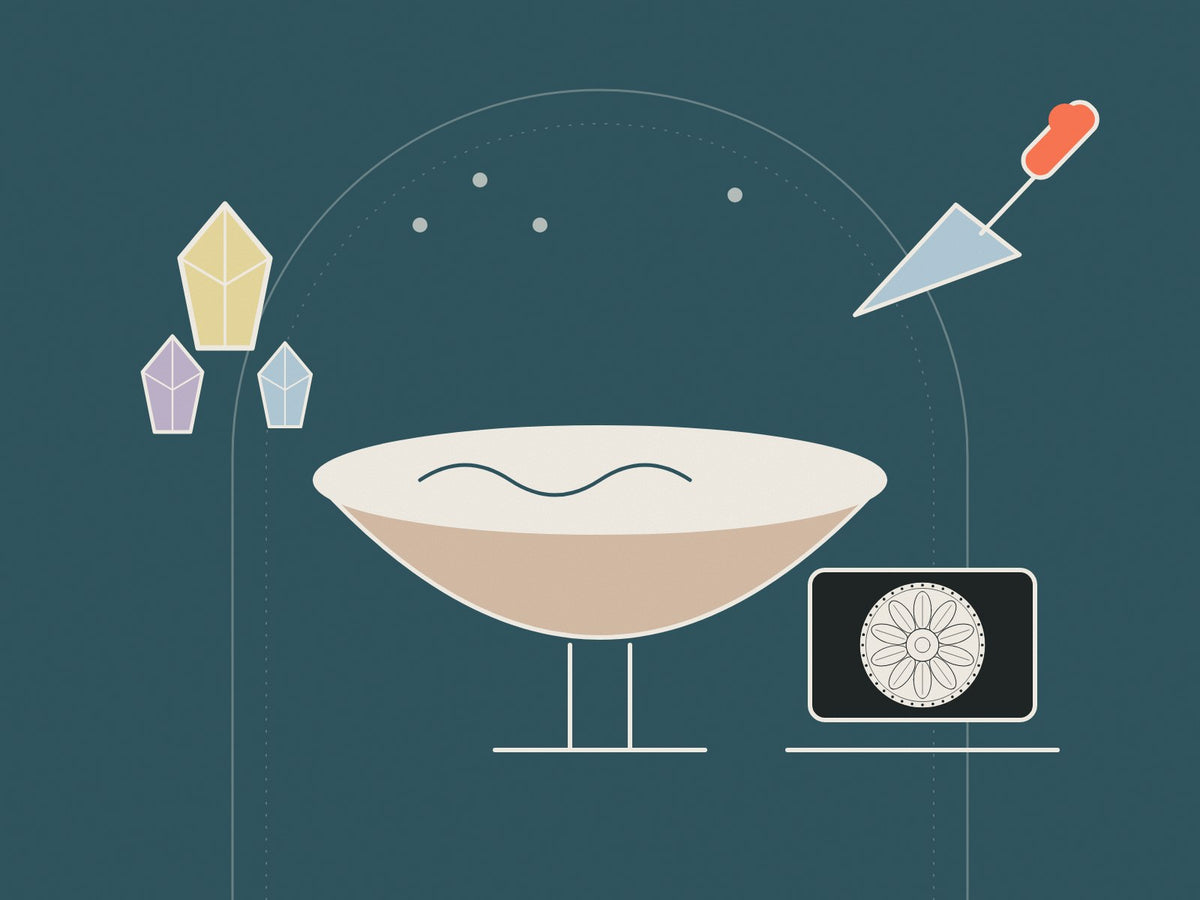 Flare illustration of a plaster mixing bowl, trowel, gypsum crystals and a ceiling rose mould