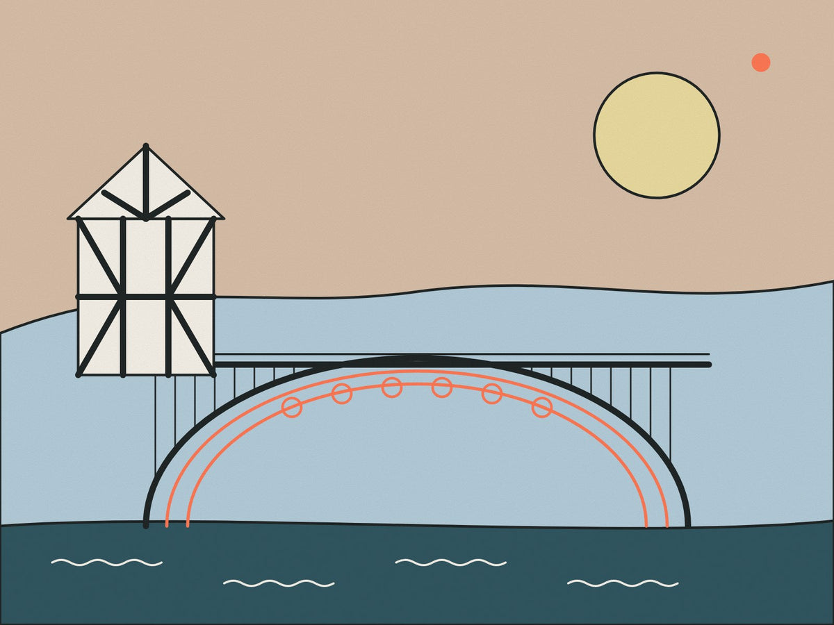 Flare illustration of the Iron Bridge and a Shrewsbury timber-framed house