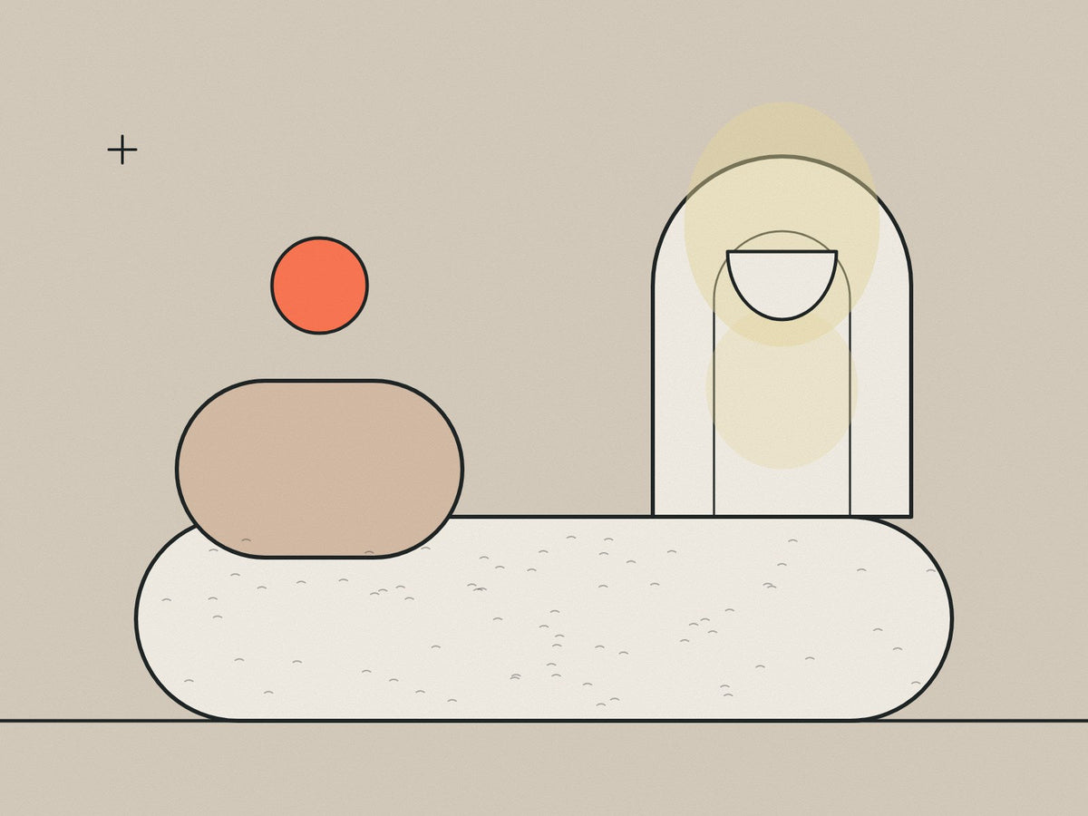 Flare illustration of heavy rounded plaster forms, an arched niche and a bowl wall light