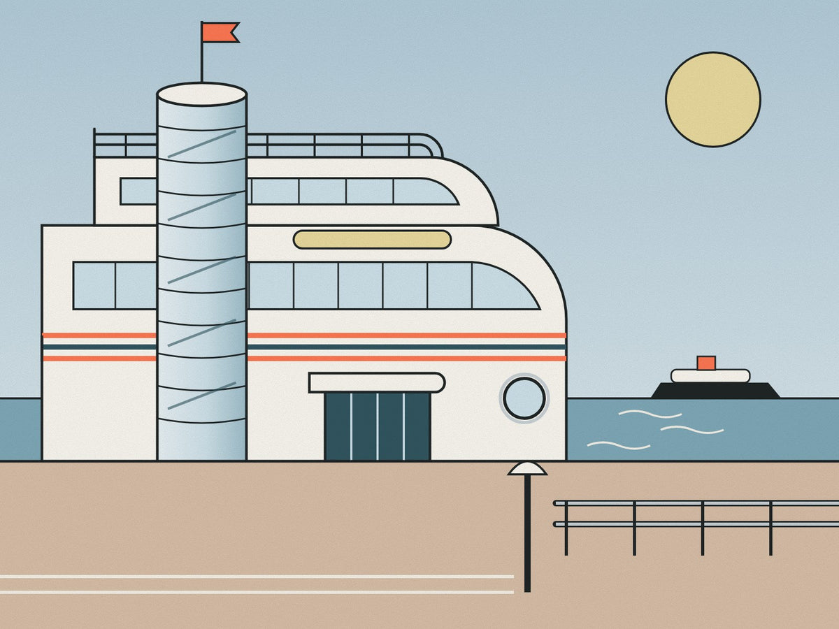Flare illustration of a white Streamline Moderne seaside pavilion with a glazed stair tower, ribbon windows, speed lines and a porthole