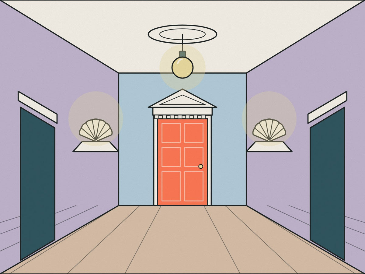 Flare illustration of a hallway with overdoor pediments, shell wall lights and a ceiling rose