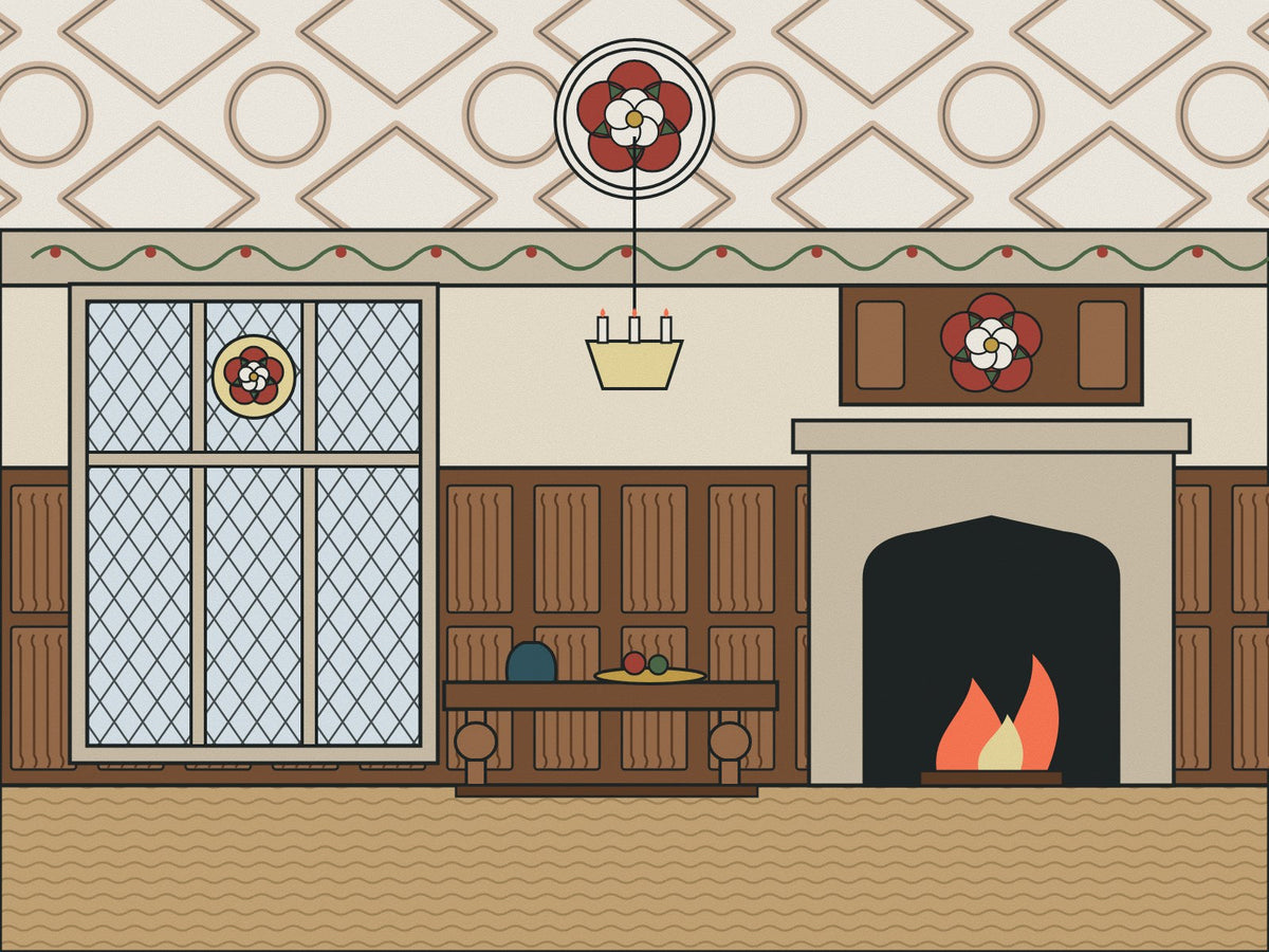 Flare illustration of a Tudor room with oak linenfold panelling, a strapwork plaster ceiling, a Tudor rose ceiling boss, a leaded window and a stone fireplace