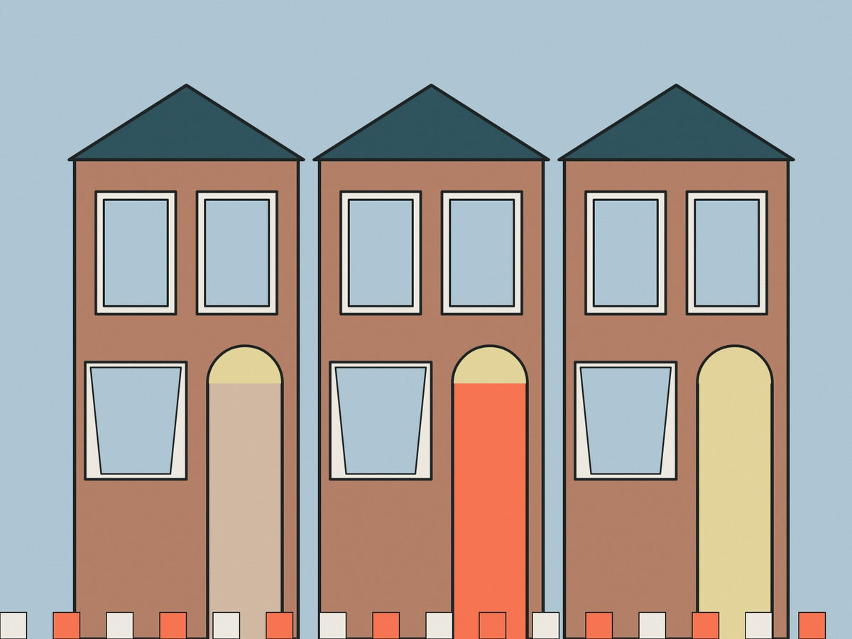 Flare illustration of a row of Victorian terraced houses with bay windows and a tiled path