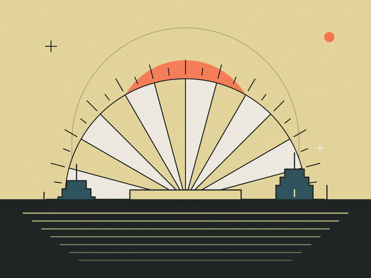 Flare illustration of an Art Deco sunburst fan and stepped skyline