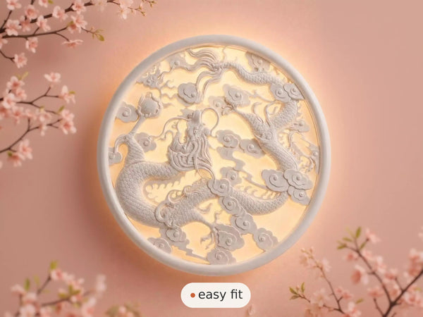 Wall Light | Dragon Blossom Japandi Plaster Wall Sconce | Backlit Relief Uplighter | Paintable | LED Included | Easy Fit | Handmade UK