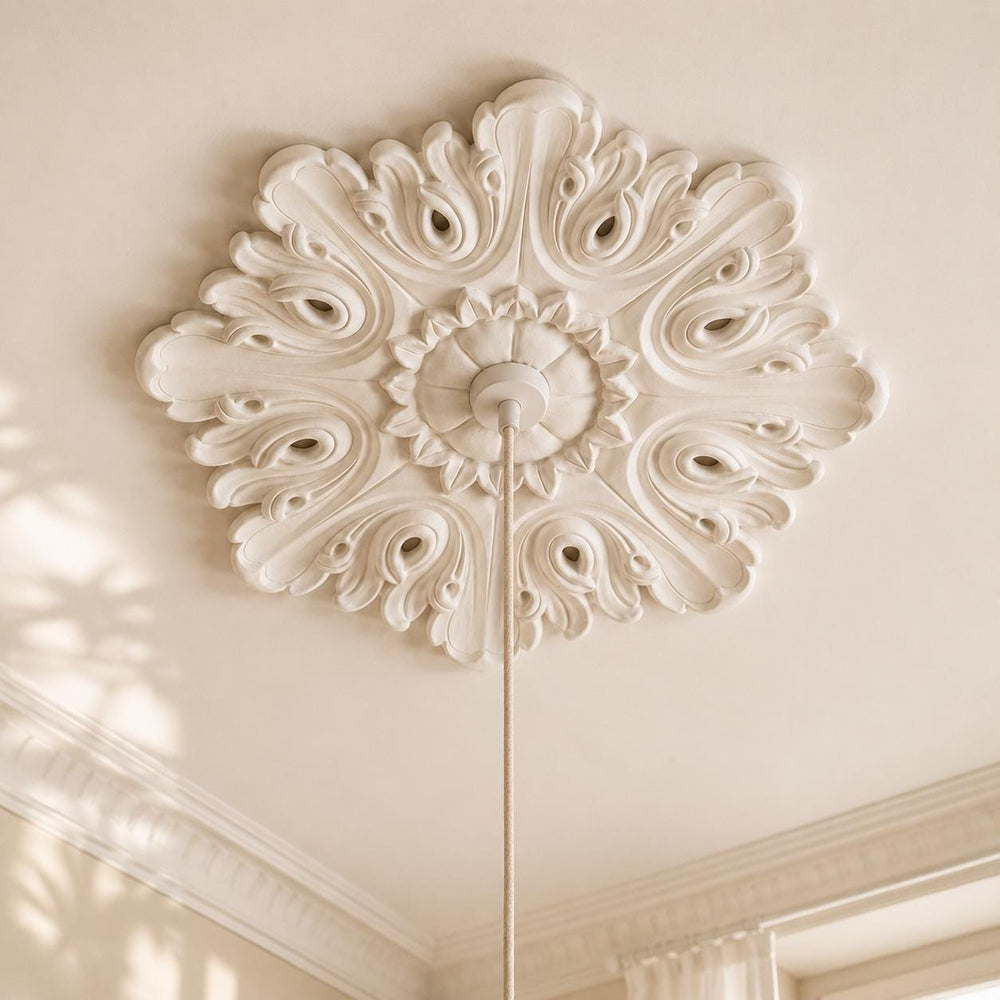 Ceiling Rose | Regency Scroll Plaster Medallion | Decorative Ceiling Detail | Paintable | Easy Fit | Handmade UK