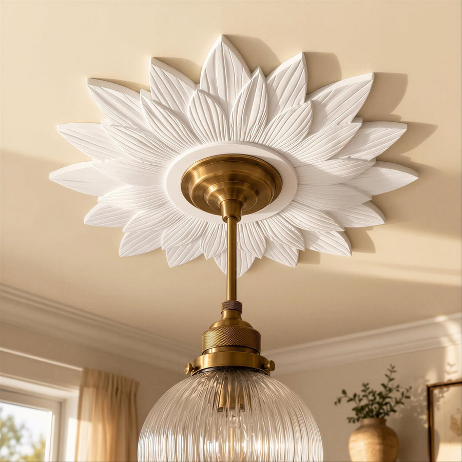 Ceiling Rose | English Floral Cottage Medallion, 10 in | Handmade — Sunflower — photograph 1