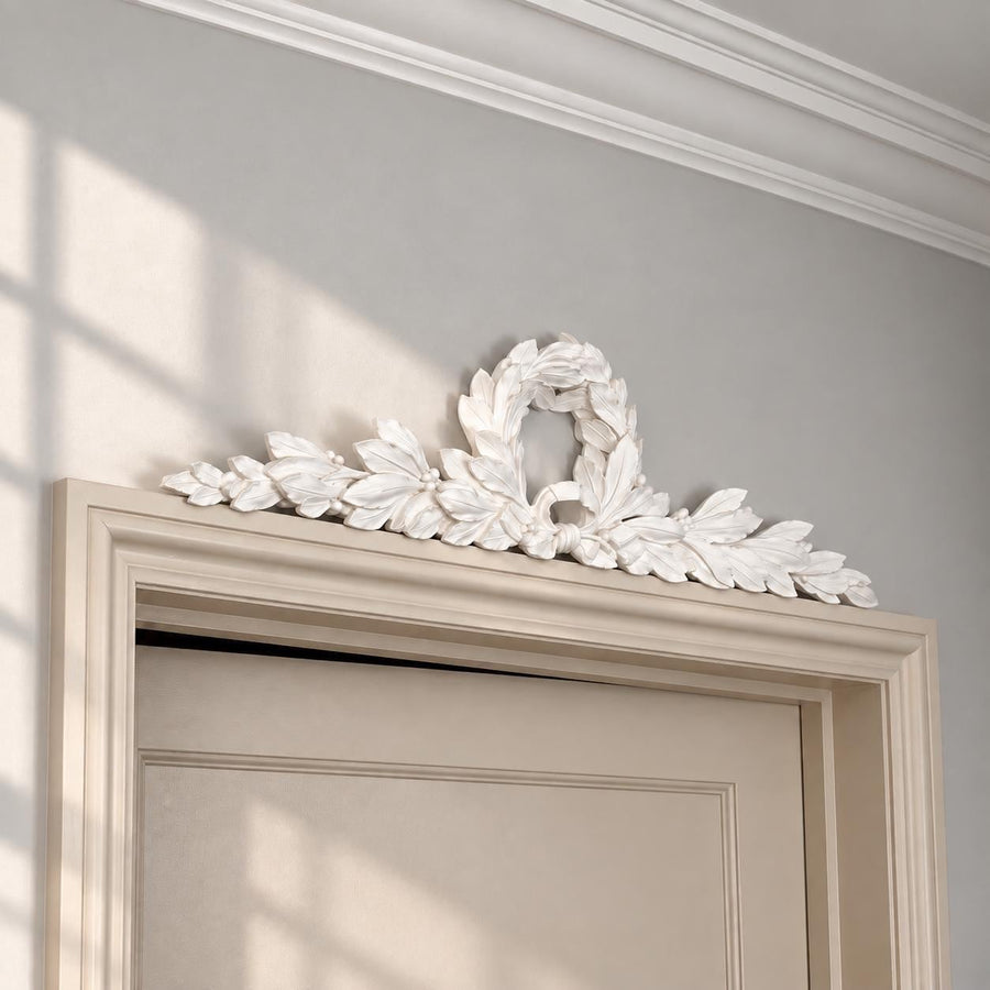 Handmade Overdoor Pediment | Laurel Classical Decor | 28 × 7 in — Laureate — photograph 1