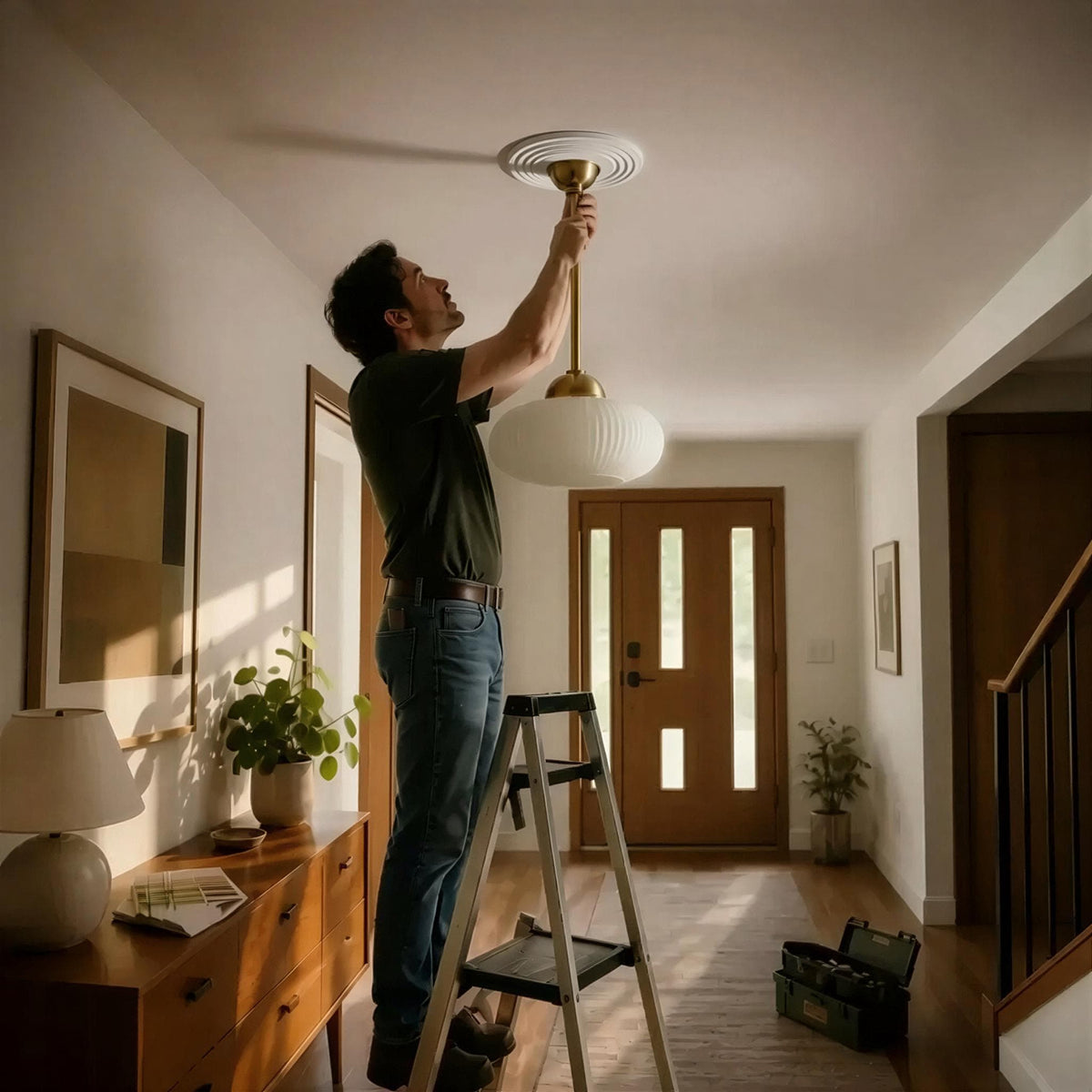 A ceiling rose being fitted around a pendant light