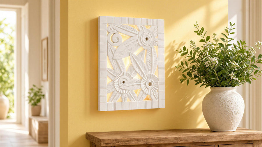 Handmade Wall Light | Multicolour Battery LED or Mains | Botanical Carving Sconce, 11.5 × 8 in | Easy Install — Floral Sconce — photograph 1