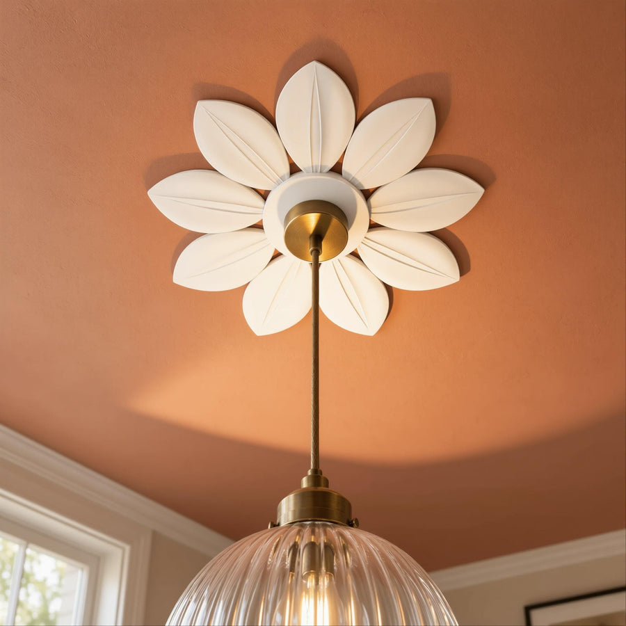 Ceiling Rose | Modern Flower Leaf Medallion, 14 in | Handmade — Camellia — photograph 1