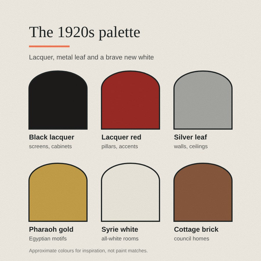 The 1920s palette: black lacquer, lacquer red, silver leaf, gold, white and brick