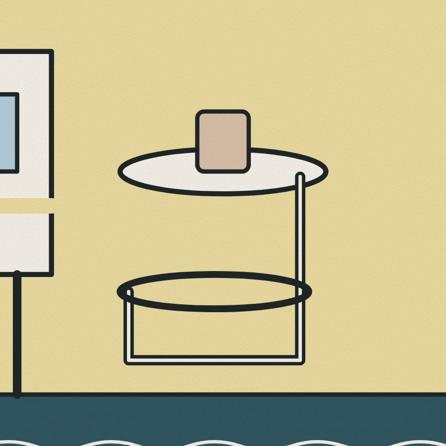 A side table that adjusts to the bed, a small idea that says a lot about Gray's way of thinking.