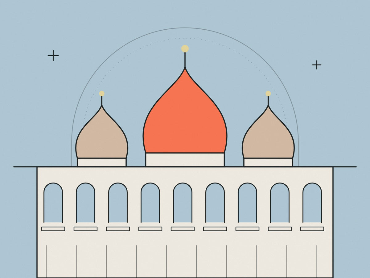 Flare illustration of onion domes above a white stucco Regency terrace