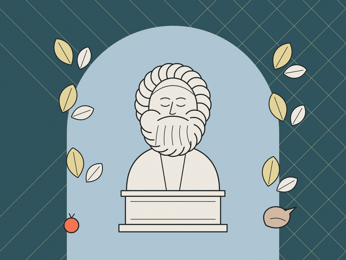 Flare illustration of a plaster bust of William Morris with trellis leaves and a garden bird